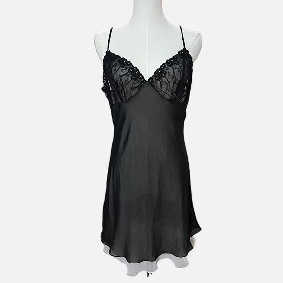 VTG 90s Vertigineux Sheer Black & White Mesh Floral Embroidered Babydoll Slip L - Picture 4 of 8